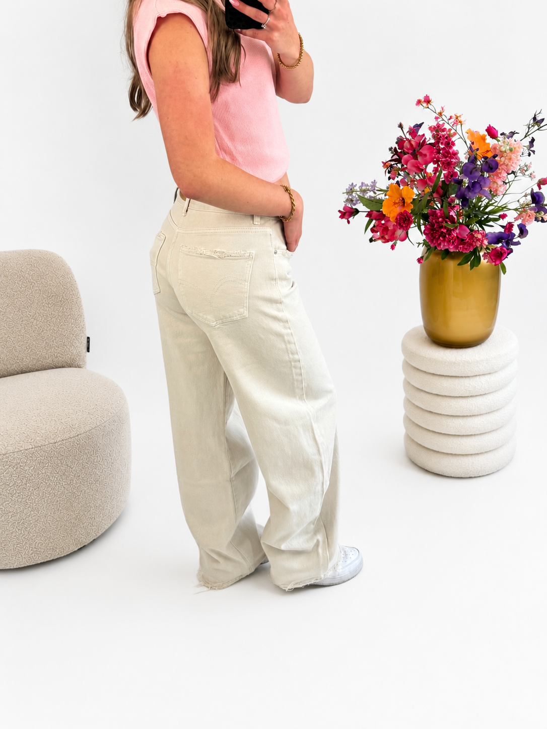 Jacky Balloon Jeans Crème - Mid Waisted